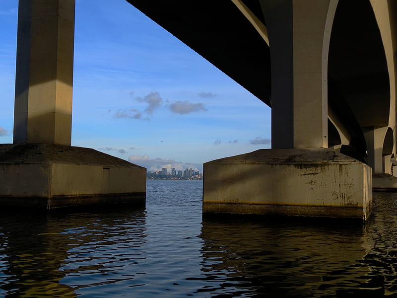 Bellevue WA framed by I-90 bridge, bridge, abstract, lake, cityscape, HD wallpaper