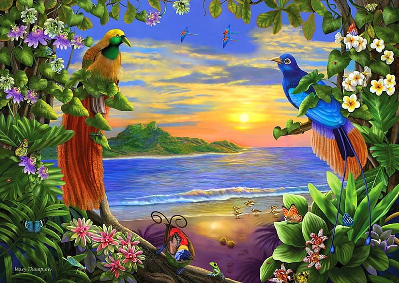 Birds of the Island, lovely, colors, love four seasons, birds, bonito, butterflies, trees, paintings, paradise, beaches, summer, flowers, nature, island, animals, HD wallpaper