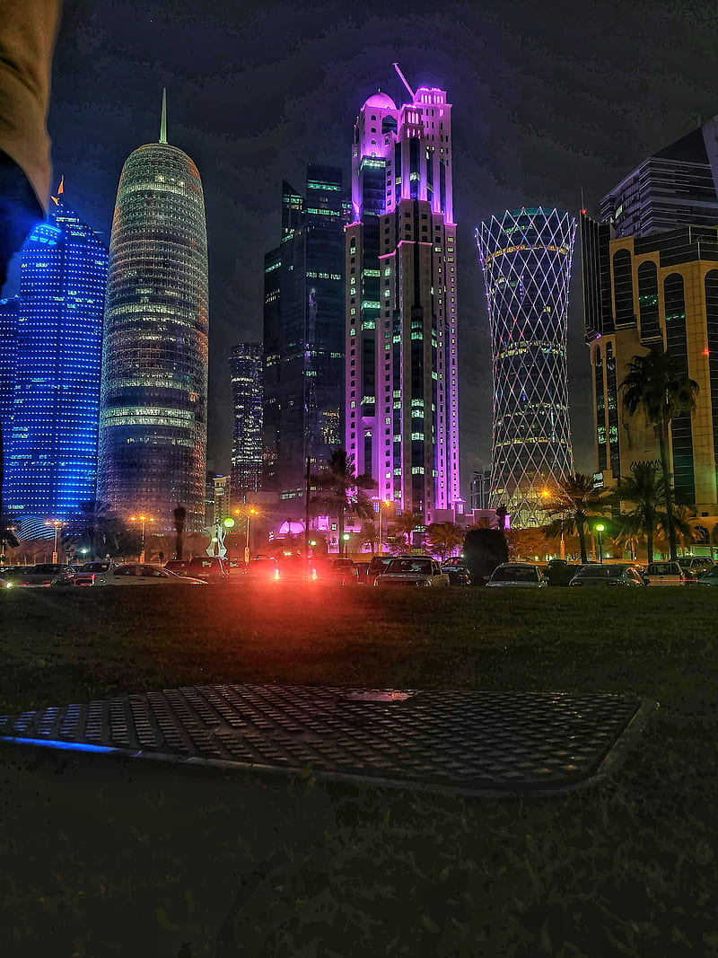 Doha Skyline, lights, night, qatar, tower, HD phone wallpaper
