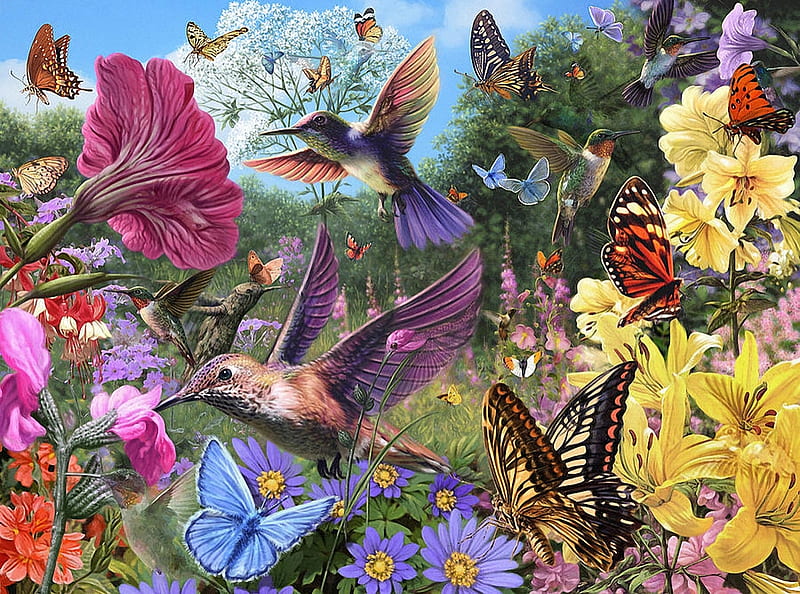 The Hummingbird Garden, painting, flowers, birds, butterflies, colors, HD wallpaper