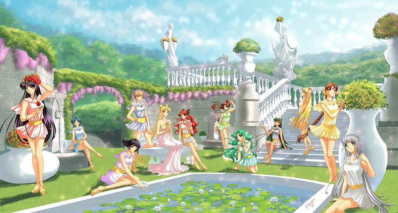Princess Garden, wonderful, sailor senshi, sweet, floral, nice, group, anime, sailor moon, beauty, anime girl, pertty, team, lovely, gown, sky, happy, short hair, garden, maiden, dress, divine, bonito, sublime, magical girl, blossom, statue, scenery, sailormoon, gorgeous, female, sailor scouts, pond, girl, flower, lady, scene, angelic, HD wallpaper