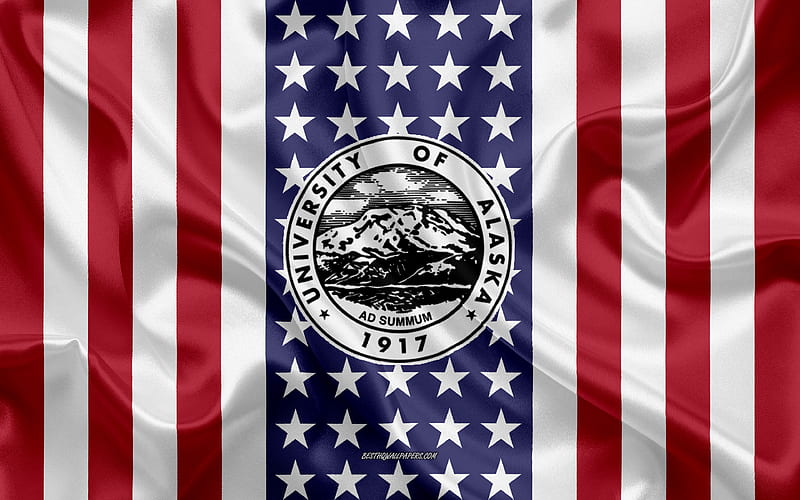 University of Alaska Fairbanks Emblem, American Flag, University of Alaska Fairbanks logo, College, Alaska, USA, Emblem of University of Alaska Fairbanks, HD wallpaper