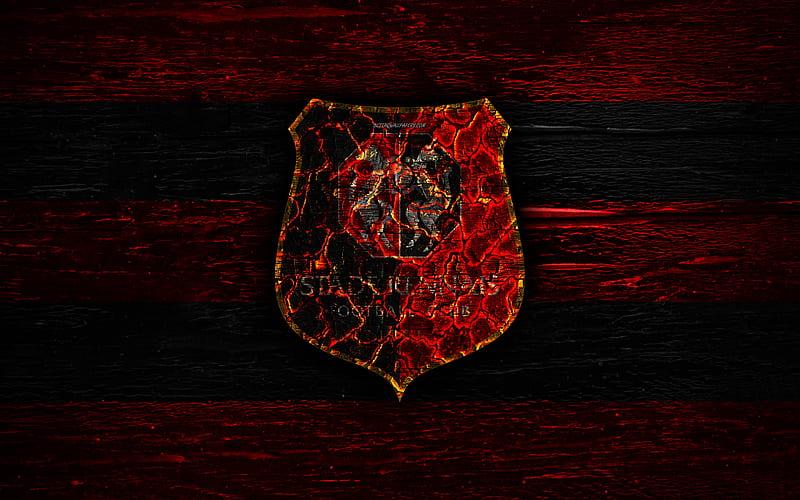 Rennes FC, fire logo, Ligue 1, black and red lines, french football club, grunge, football, soccer, logo, Stade Rennais, wooden texture, France, HD wallpaper