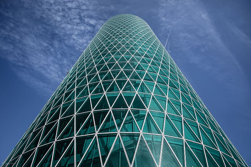 building, tower, glass, architecture, bottom view, HD wallpaper