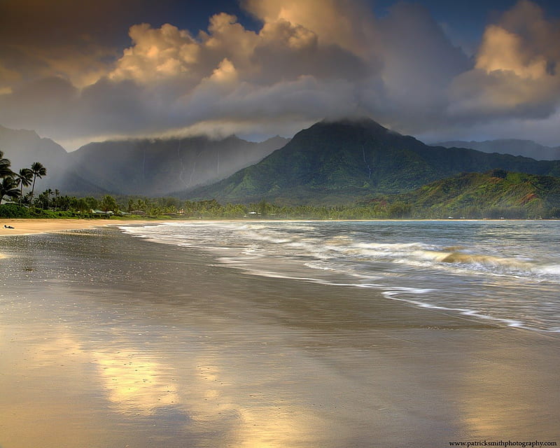 Patrick Smith graphy, Maui?, rocks, wind, pier, sunset, clouds, mist, beach, sand, mountian, HD wallpaper