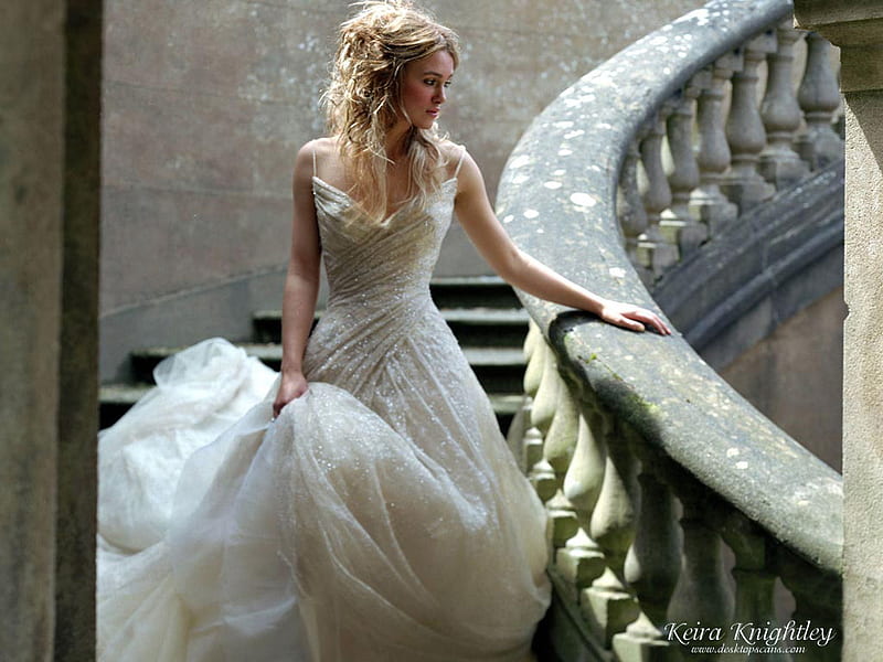 Keira Knightley, female, beautiful dress, actress, stairs, blond hair, HD wallpaper