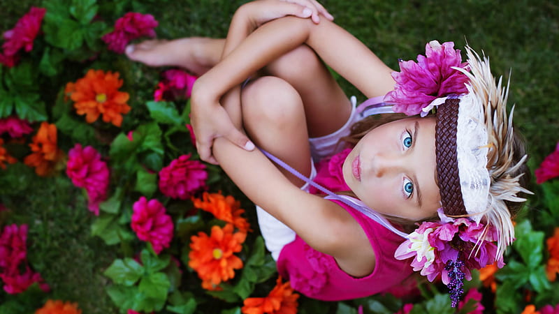 Little Girl With Blue Eyes Is Sitting Near Flowers Cute, HD wallpaper