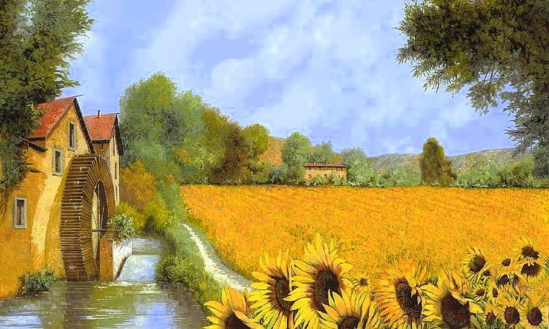 Il Mulino e i Girasoli, rural, mill, love four seasons, attractions in dreams, paintings, sunflowers, summer, nature, fields, streams, tuscany, HD wallpaper