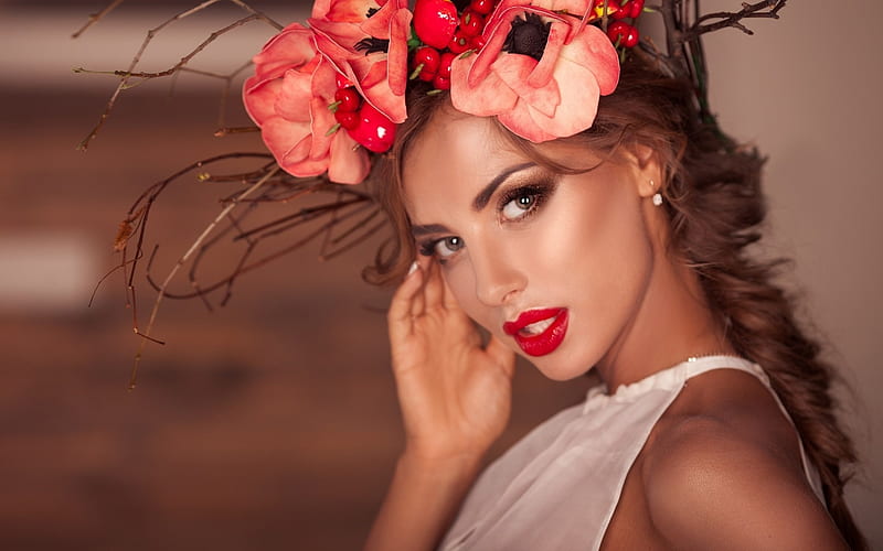 Beauty, red, model, woman, lips, lipstick, girl, flower, face, HD wallpaper Beauty, red, model, woman, lips, lipstick, girl, flower, face, HD wallpaper