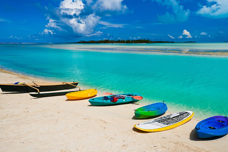 Canoes on Beach in South Pacific, polynesia, french, canoes, canoe, sea, beach, lagoon, sand, boat, aqua, south pacific, blue, exotic, islands, ocean, paradise, island, white, tropical, HD wallpaper