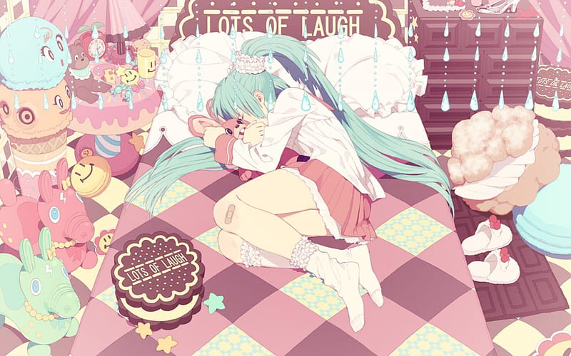 Sleeping Miku Hatsune, vocaloid, anime, stuffed animal, miku, bed, HD wallpaper