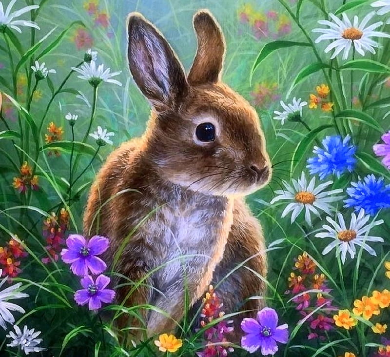  Felices pascuas, conejo, cuadros, flores, amor cuatro estaciones, conejito, primavera, Fondo de pantalla HD