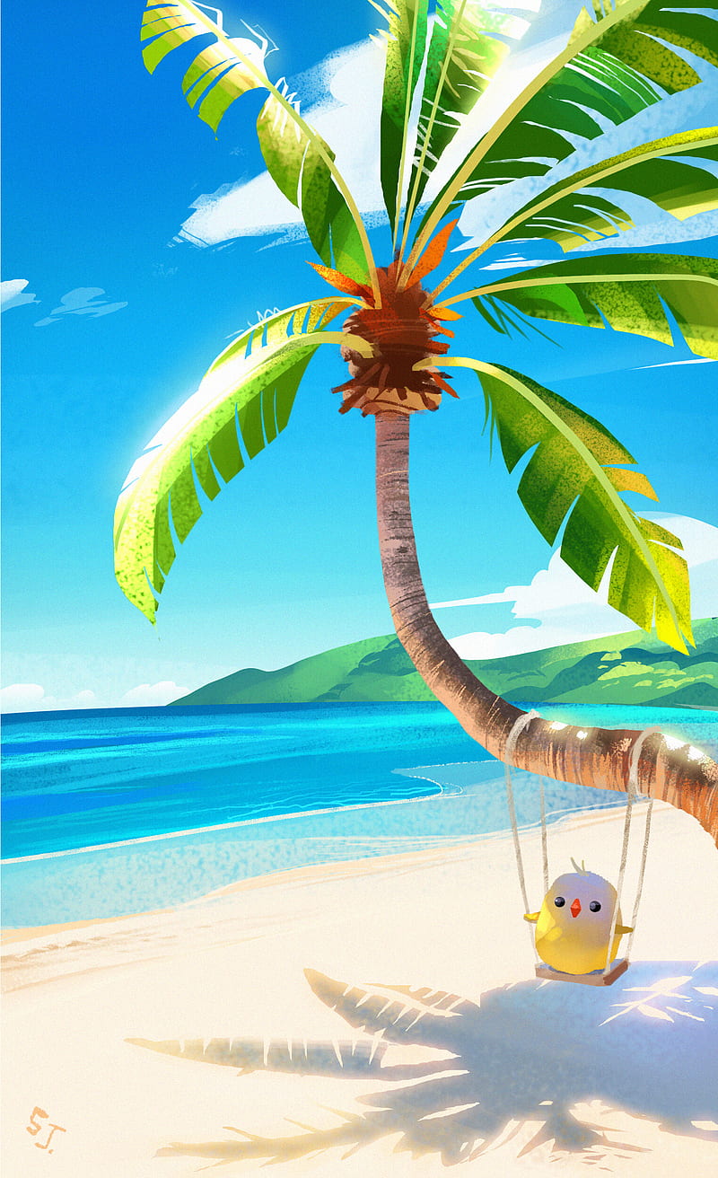 palm, bird, swing, beach, art, HD phone wallpaper