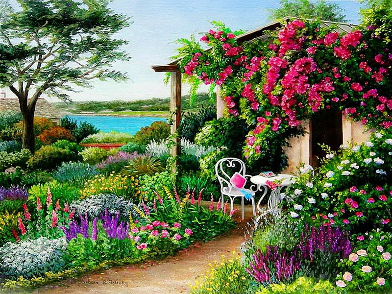 Lovely view from the house, pretty, colorful, house, cottage, cabin, bonito, sea, countryside, nice, painting, flowers, river, rest, quiet, lovely, view, fresh, greenery, sky, trees, lake, water, serenity, peaceful, summer, garden, alley, HD wallpaper