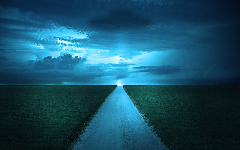electric path, grass, lightening, sky, clouds, green, dark, path, road, field, blue, HD wallpaper