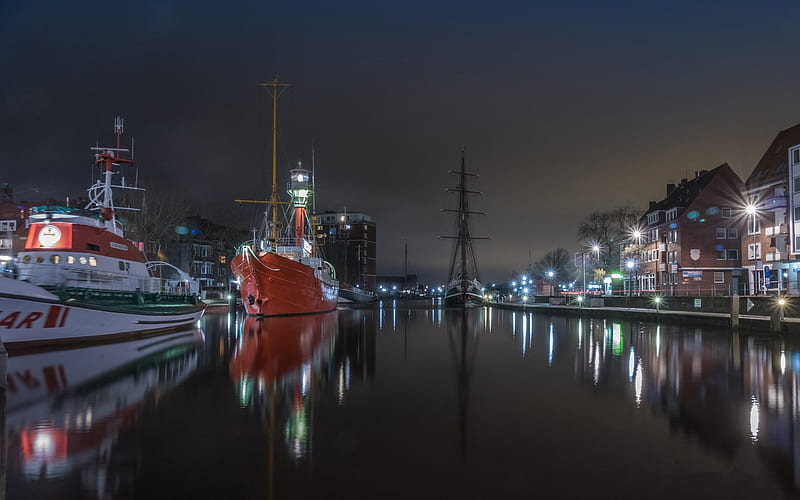 Emden Harbor, Germany, Germany, night, harbor, ships, reflection, lights, HD wallpaper