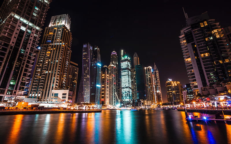UAE, Dubai, skyscrapers, nightscapers, United Arab Emirates, modern architecture, HD wallpaper