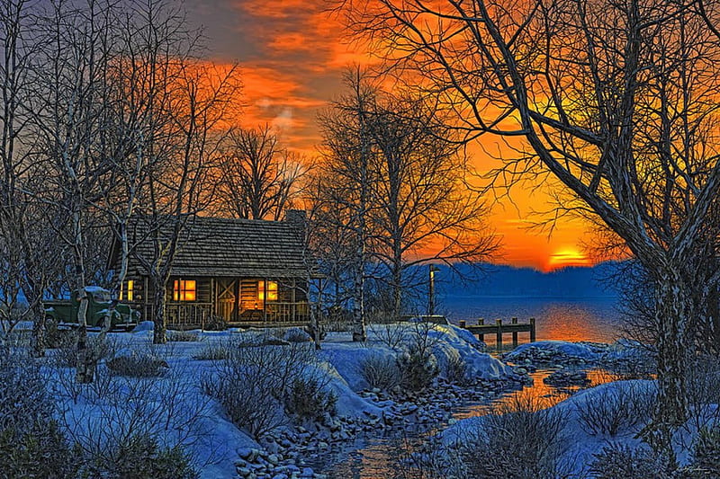 End of the day, house, shore, cottage, dusk, sunset, lights, painting, village, river, reflection, art, amazing, creek, sky, trees, winter, lake, snow, peaceful, end, day, HD wallpaper