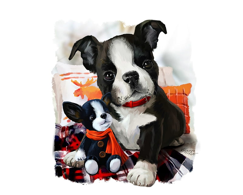 Puppies, art, lorri kajenna, peter and jo, luminos, orange, toy, caine, black, cute, scarf, white, puppy, dog, HD wallpaper