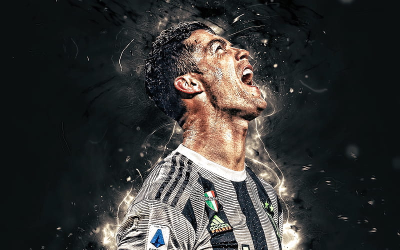 Cristiano Ronaldo, goal, Juventus FC, CR7, striker, portuguese footballers, Italy, CR7 Juve, Bianconeri, soccer, football stars, Serie A, neon lights, HD wallpaper
