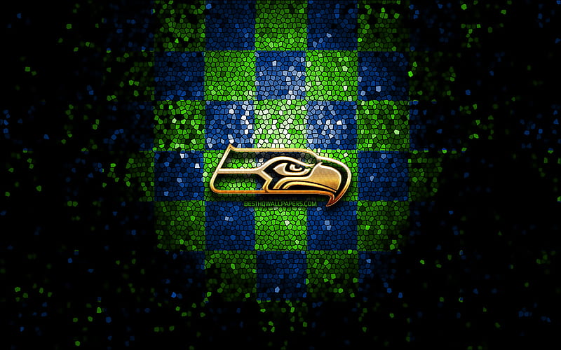 Seattle Seahawks, glitter logo, NFL, blue green checkered background, USA, american football team, Seattle Seahawks logo, mosaic art, american football, America, HD wallpaper