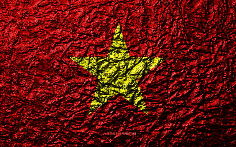 Flag of Vietnam stone texture, waves texture, Vietnamese flag, national symbol, Vietnam, Asia, stone background, HD wallpaper