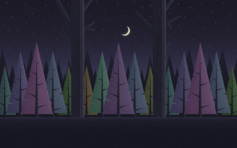 night, forest, material design, art, moon, HD wallpaper