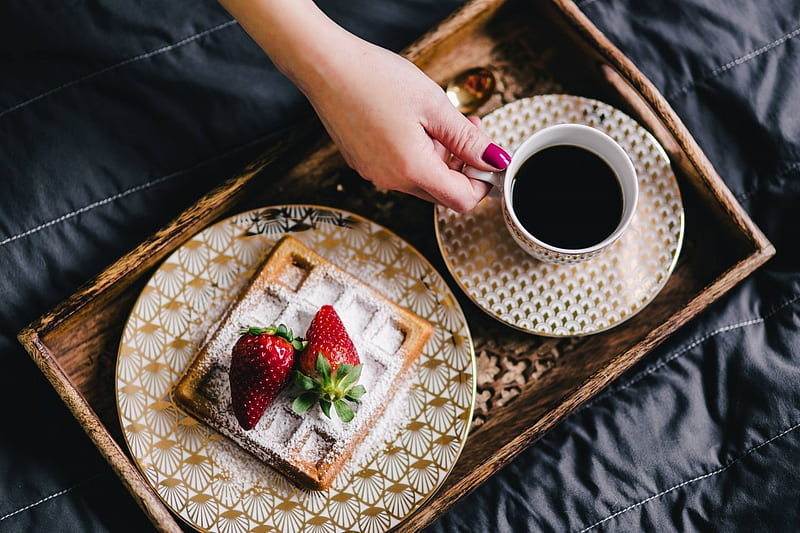Good Morning, Coffee, Wafer, Plate, Cup, Strawberry, Hand, HD wallpaper