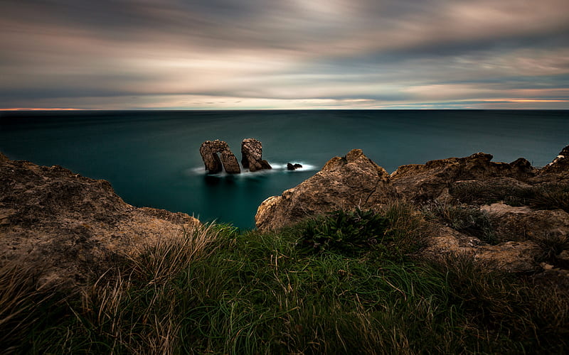 Bay of Biscay, Atlantic Ocean, coast, evening, sunset, arch rock, Cantabria, Spain, HD wallpaper