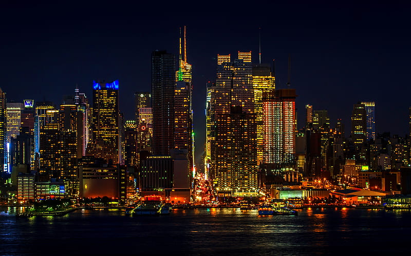Manhattan, city lights, New York, nightscapes, modern buildings, NY, USA, America, HD wallpaper