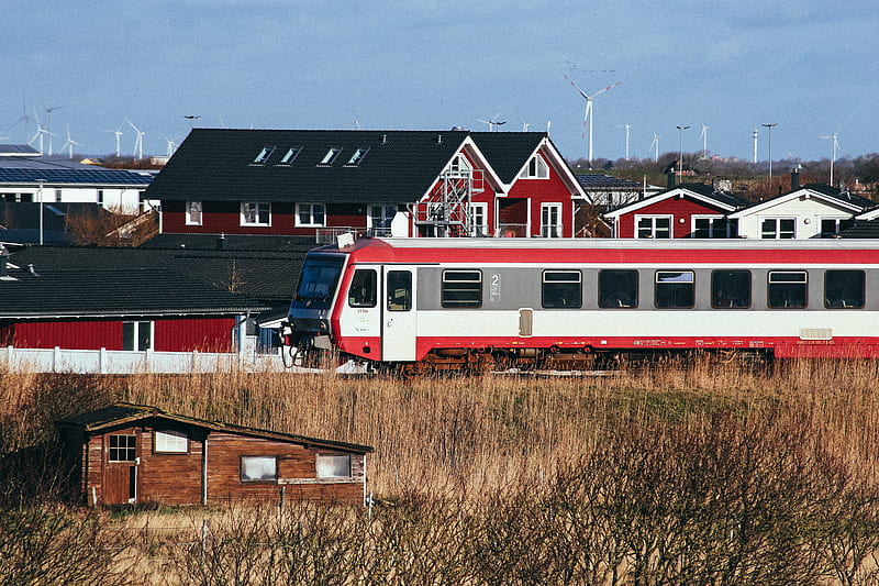 Red And White Train Pass Through On A Small Town, HD wallpaper