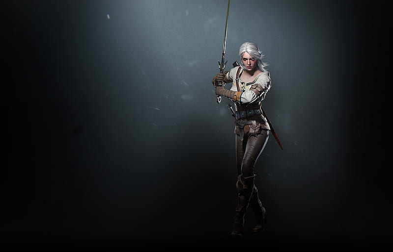 Ciri, fantasy, girl, the witcher, game, black, white, sword, HD ...