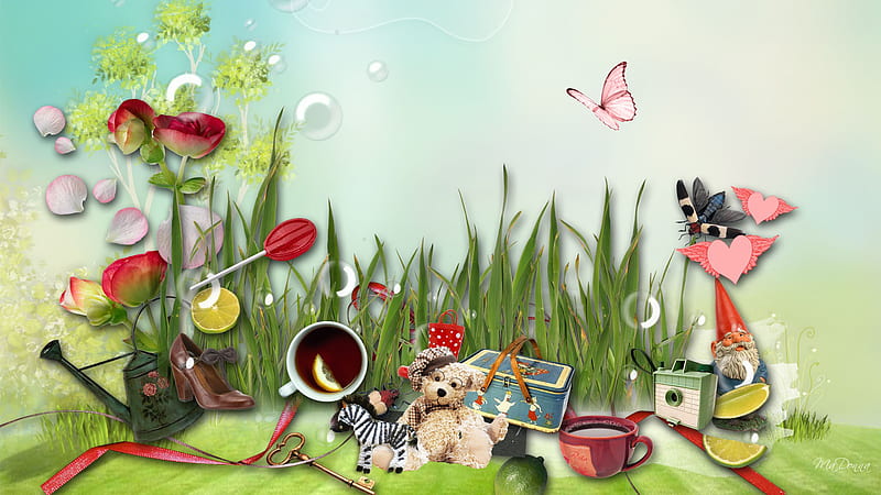 Afternoon Outside, grass, boots, gnome, firefox persona, roses, tea, lunch pail, butterfly, shoe, teddy bear, toys, HD wallpaper