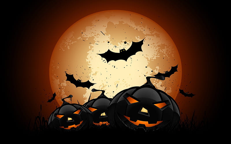 Halloween, pumpkins, night, bats, October 31, orange moon, HD wallpaper