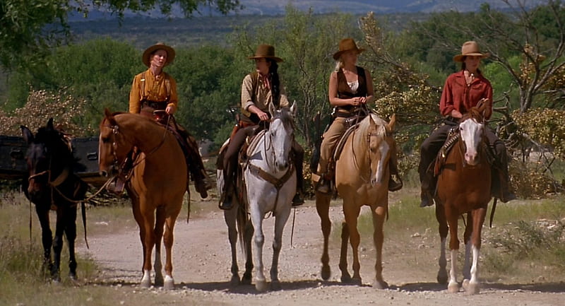 Cowgirls~BadGirls, Andie MacDowell, Mary Stuart Masterson, hats, movie, Madeleine Stowe, saddles, trees, horses, stones, Drew Barrymore, dirt, road, HD wallpaper