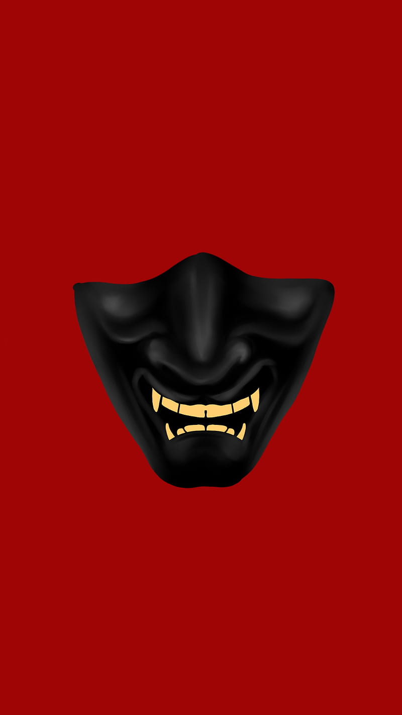 demon mask, abstract, black, color, dark, face red, samurai, smile, HD phone wallpaper