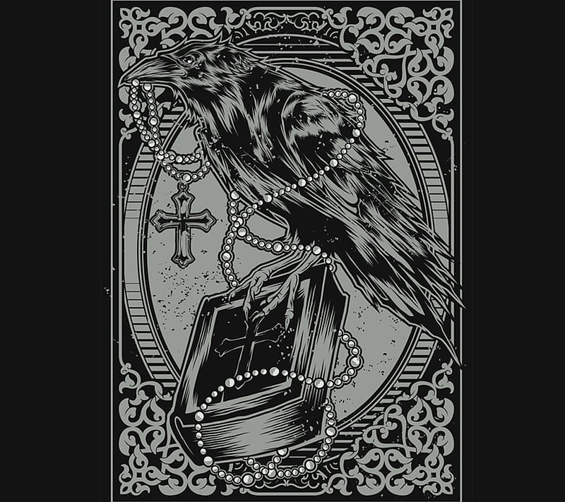 Crow Black, bible, darkness, desenho, drawing, fear, rosary, HD wallpaper