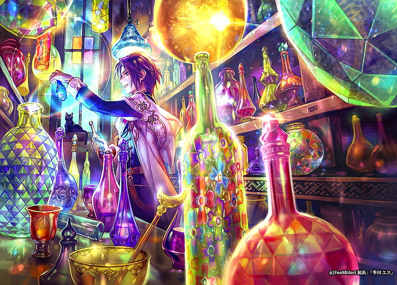 Laboratory, midori foo, colorful, boy, guy, anime, manga, cat, HD wallpaper