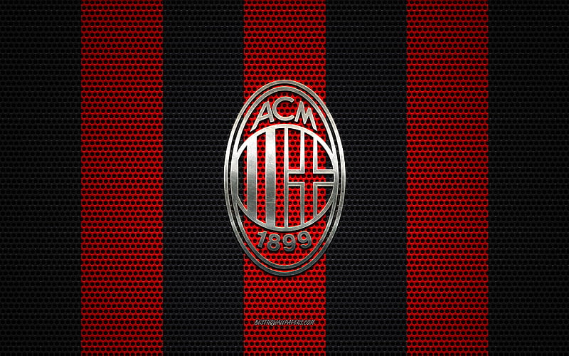 AC Milan logo, Italian football club, metal emblem, red black metal mesh background, AC Milan, Serie A, Milan, Italy, football, HD wallpaper