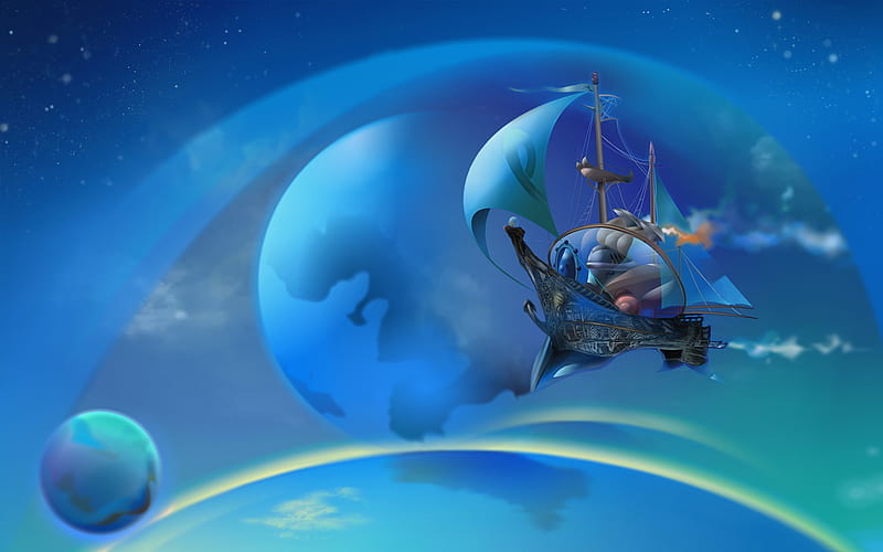 Full sails a wind of fantasy, 3d, abstract, blue, HD wallpaper