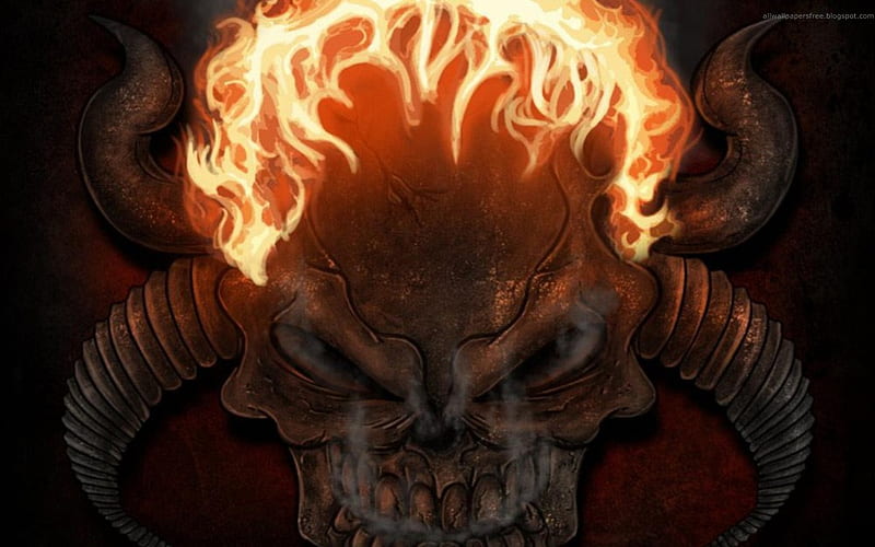 Skull On Fire, demons, fire, skulls, skeleton, gothic, horror, horns, HD wallpaper