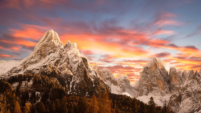 Dolomites Mountains, mountains, nature, dolomites, snow, trees, sky, HD wallpaper