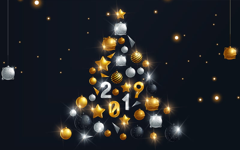 Christmas tree 2019 New Year tree, Happy New Year, Christmas tree from balls, golden decorations, Christmas, HD wallpaper