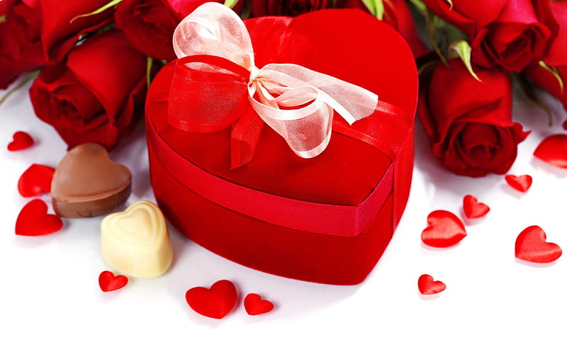 box heart, gift, love, roses, HD wallpaper