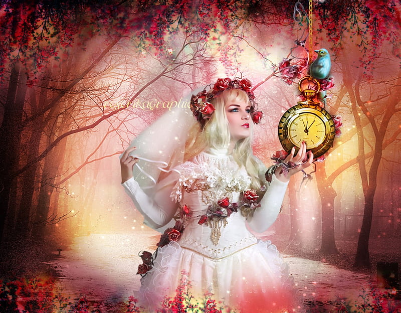Lependulemagique, pendulum, flower, fantasy, lady, HD wallpaper