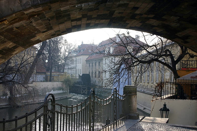 Kampa View-under the Charles Bridge, Prague, waterwheel, prague, charles bridge, kampa, czechoslovakia, HD wallpaper