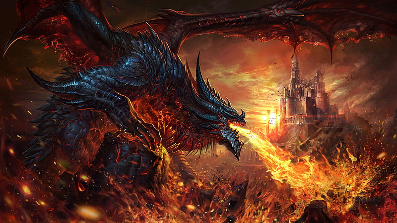 Fantasy Dragon Is Breathing Fire On Castle Dreamy, HD wallpaper