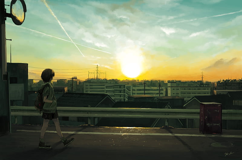 sunset, anime landscape, anime girl, walking, buildings, Anime, HD wallpaper