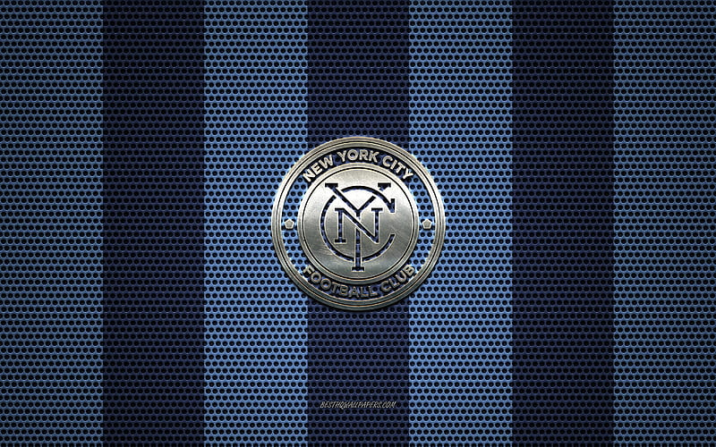 New York City FC logo, American soccer club, metal emblem, blue metal mesh background, New York City FC, MLS, New York, USA, soccer, HD wallpaper