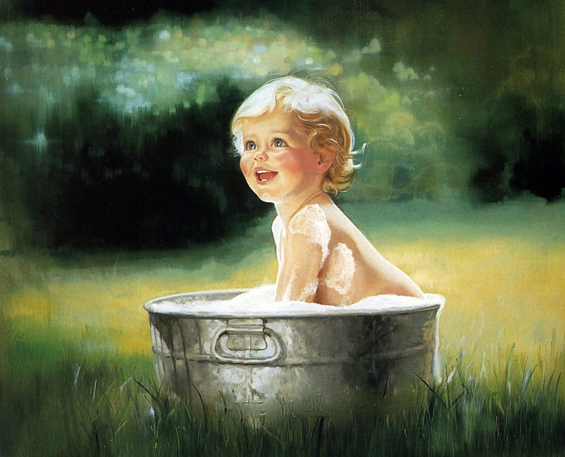 SUMMER BUBBLE BATH, kid, cute, art, bubble, painting, bath, suds, pail, HD wallpaper